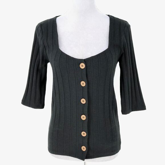 Free People Sweaters - Free People Sweater Womens Medium Black Ribbed Knit Buttons Square Neck Y2K